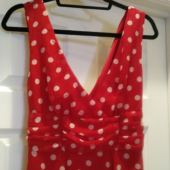Tramp Brand Deep V-Neck Red Polka Dot Dress - Picture 2 of 6